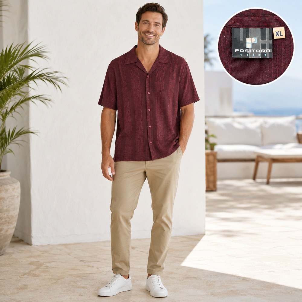 Positano Men XL Vintage Y2K Burgundy Textured Vertical‎ Stripe Camp Collar Shirt